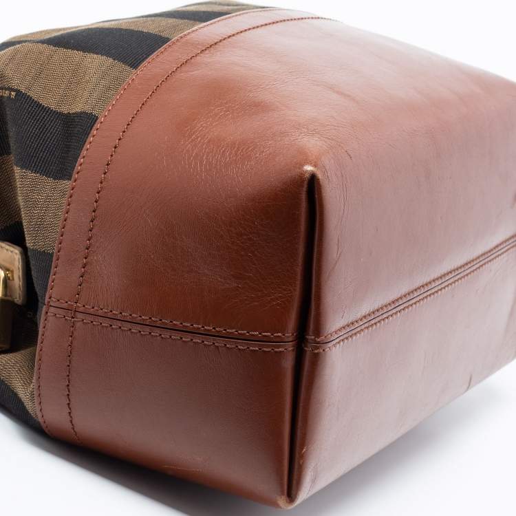 Pre Owned Fendi Pequin Tobacco Canvas and Leather 2Bag Satchel