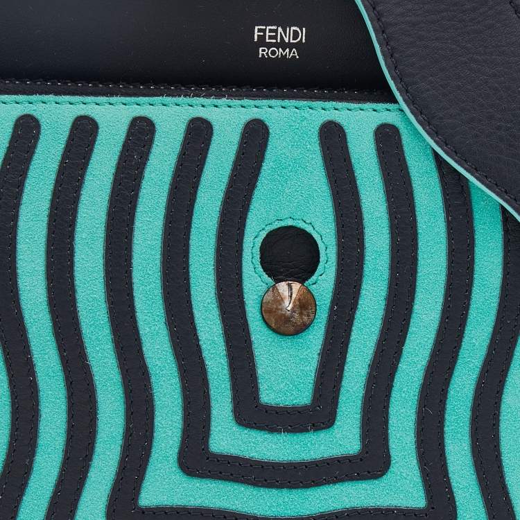 Pre Owned Fendi Mint Green/Black Leather And Suede Wave Dotcom Top Handle Bag