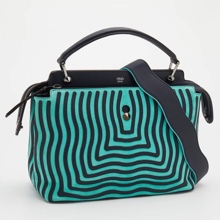 Pre Owned Fendi Mint Green/Black Leather And Suede Wave Dotcom Top Handle Bag