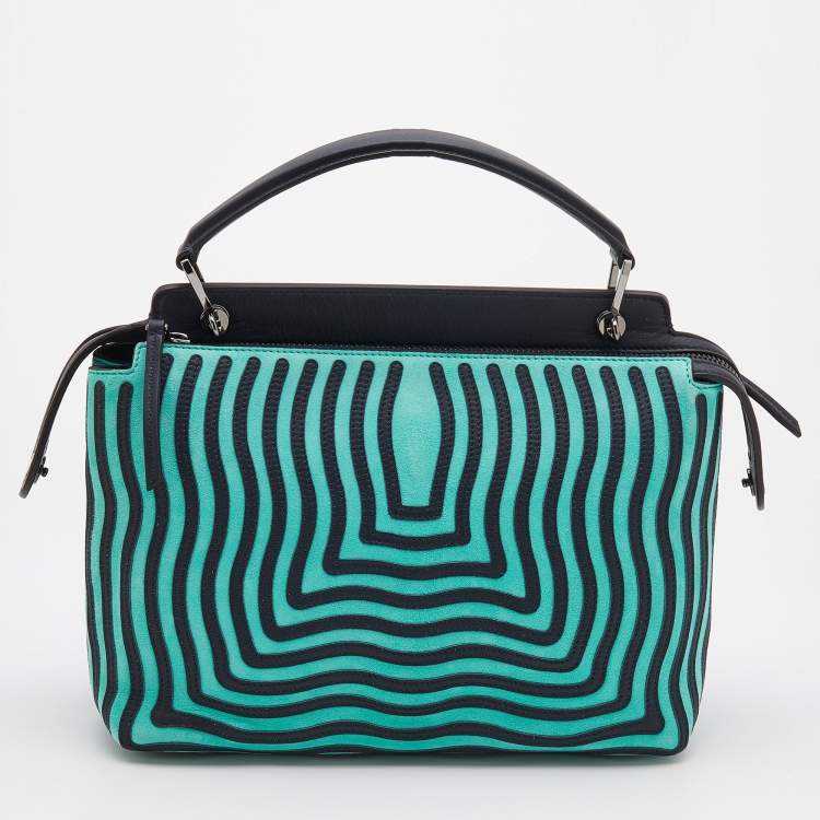 Pre Owned Fendi Mint Green/Black Leather And Suede Wave Dotcom Top Handle Bag