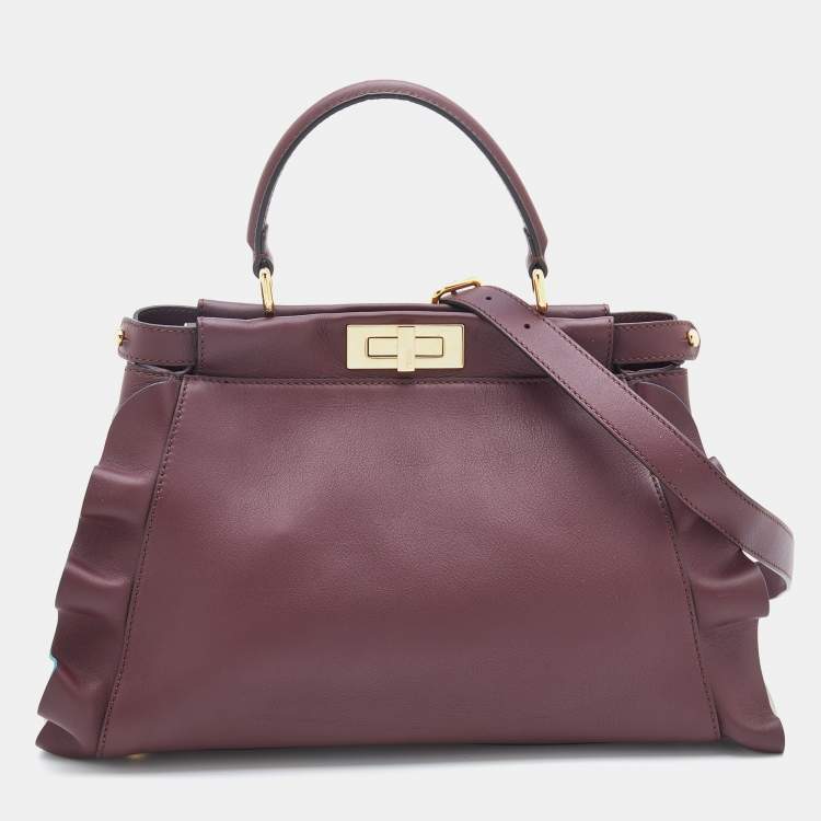 Pre Owned Fendi Burgundy Leather Medium Peekaboo Top Handle Bag