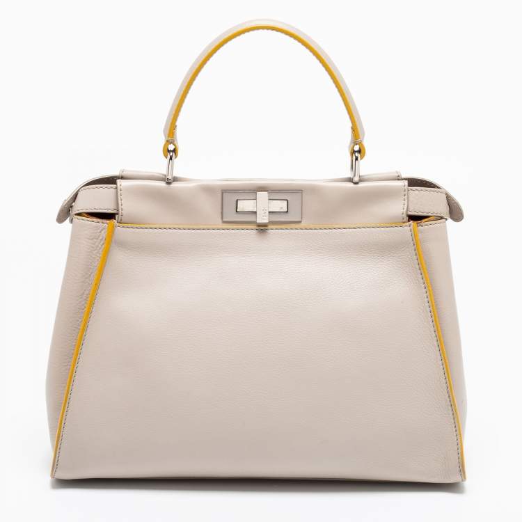 Pre Owned Fendi Light Beige Leather Peekaboo Medium Top Handle Bag
