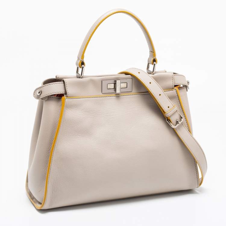 Pre Owned Fendi Light Beige Leather Peekaboo Medium Top Handle Bag