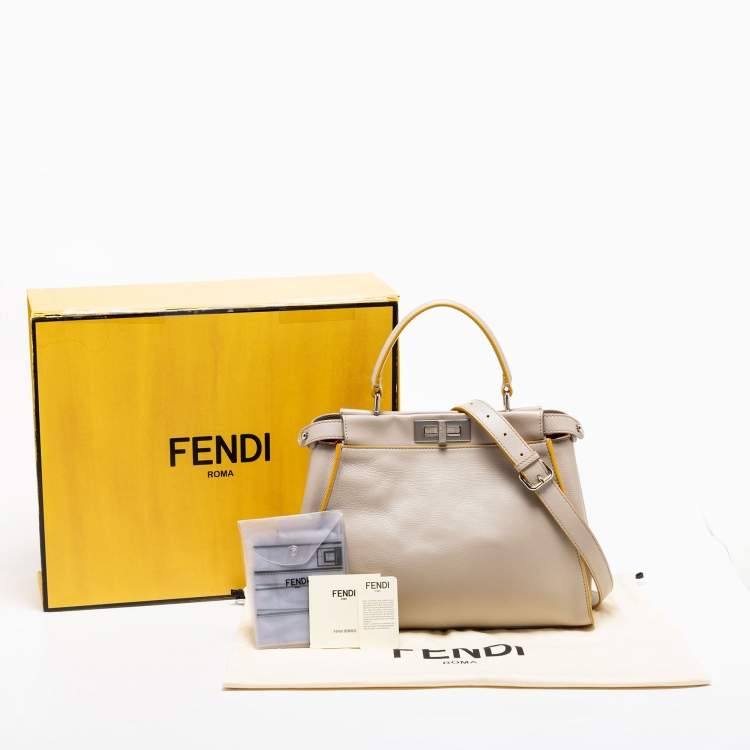 Pre Owned Fendi Light Beige Leather Peekaboo Medium Top Handle Bag