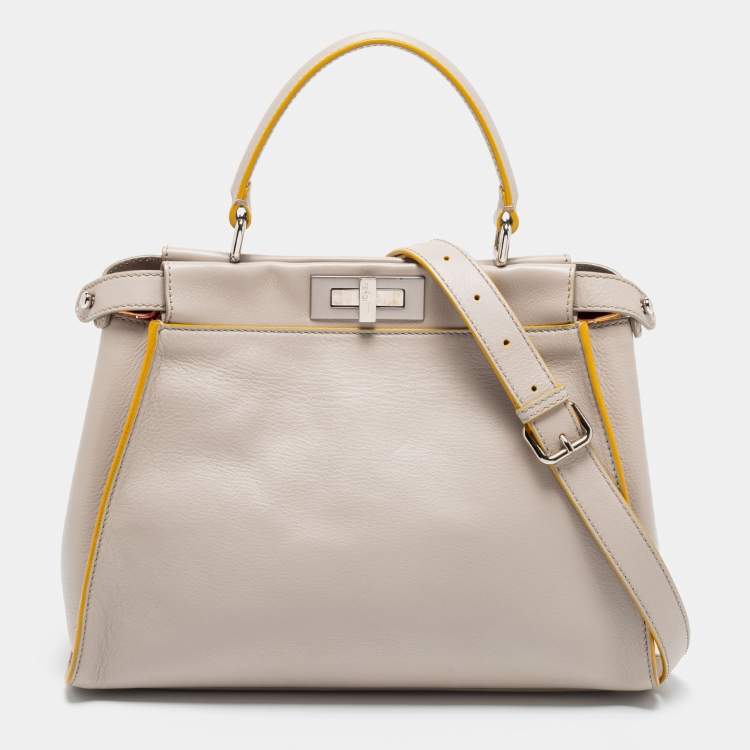 Pre Owned Fendi Light Beige Leather Peekaboo Medium Top Handle Bag