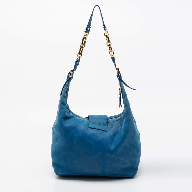 Pre Owned Fendi Blue Suede Zip Hobo