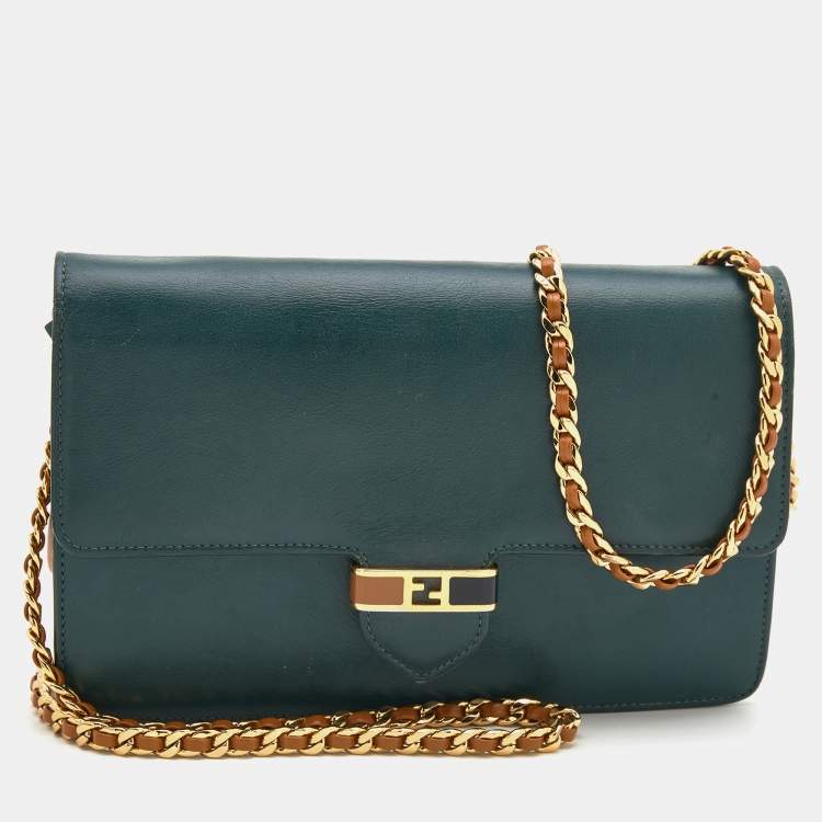 Pre Owned Fendi Dark Green/Tan Leather FF Flap Wallet On Chain