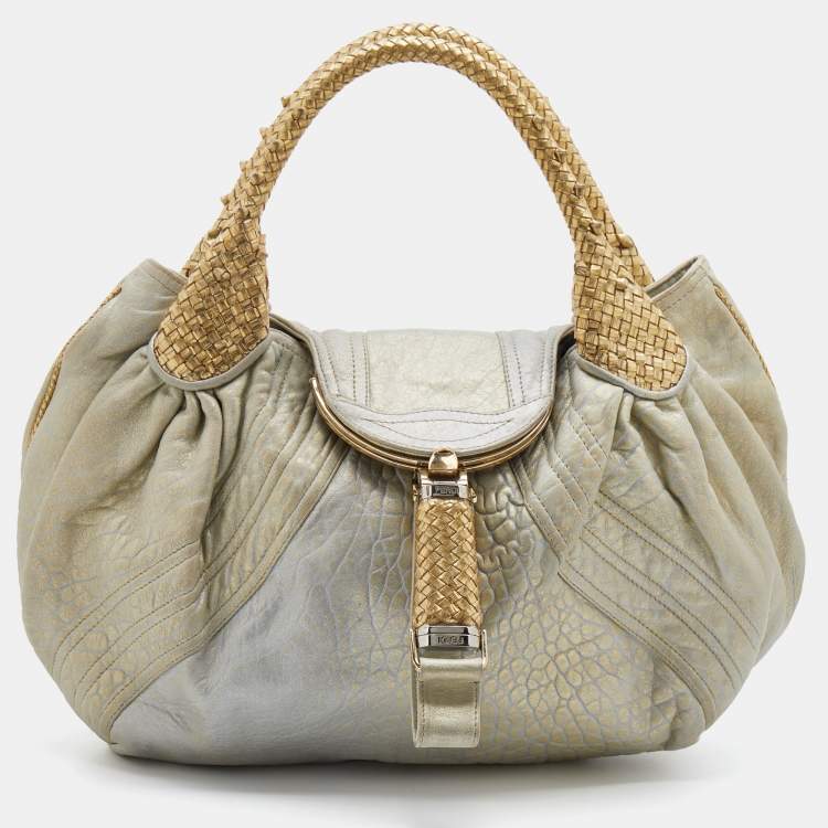 Pre Owned Fendi Gold Holographic Textured Leather Spy Hobo