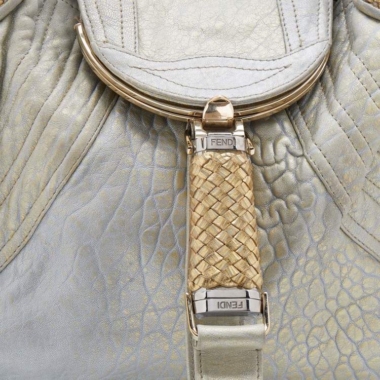 Pre Owned Fendi Gold Holographic Textured Leather Spy Hobo