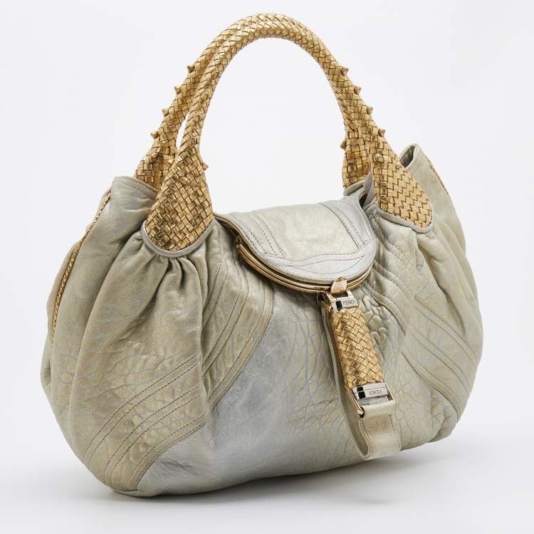 Pre Owned Fendi Gold Holographic Textured Leather Spy Hobo