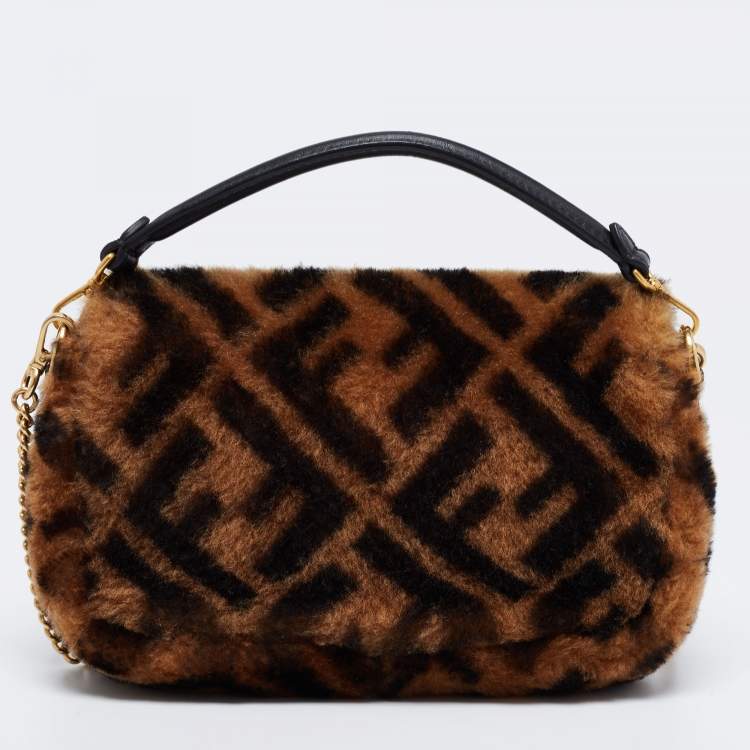 Pre Owned Fendi Brown Sheepskin Mini Baguette Shoulder Bag
