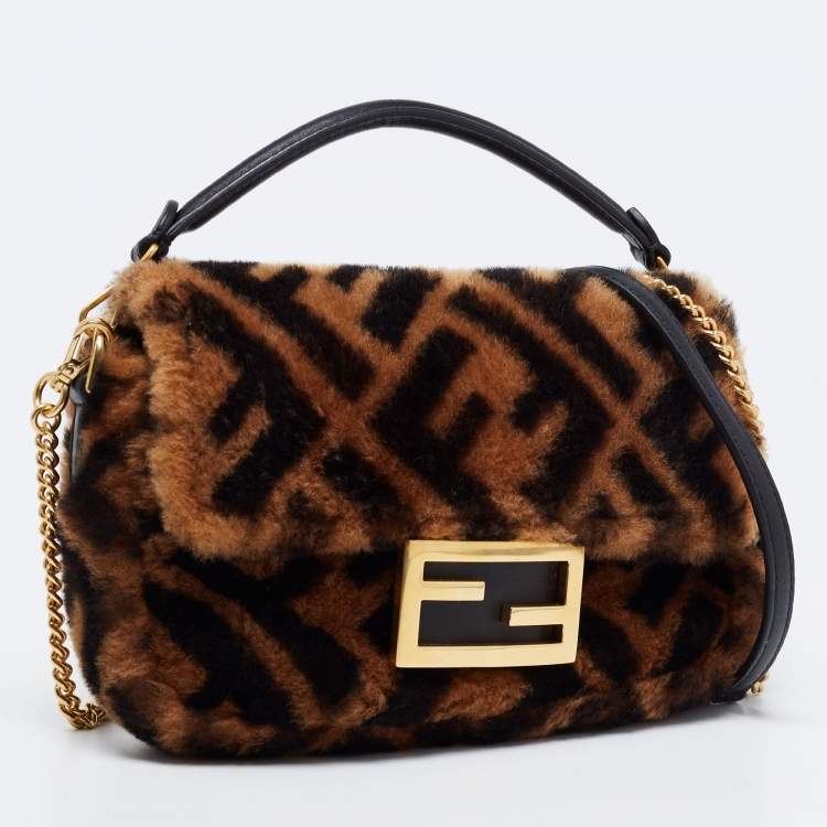 Pre Owned Fendi Brown Sheepskin Mini Baguette Shoulder Bag
