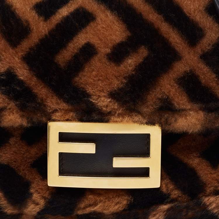 Pre Owned Fendi Brown Sheepskin Mini Baguette Shoulder Bag