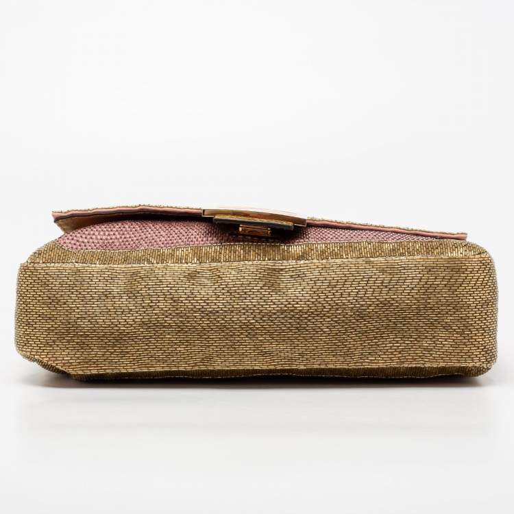 Pre Owned Fendi Pink/Gold Sequins Flap Baguette Bag