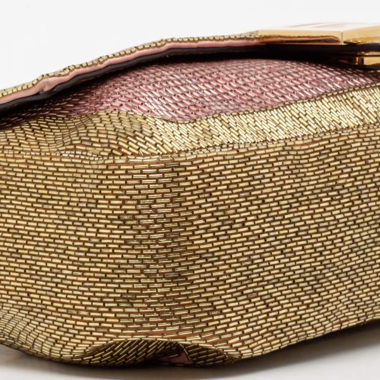 Pre Owned Fendi Pink/Gold Sequins Flap Baguette Bag