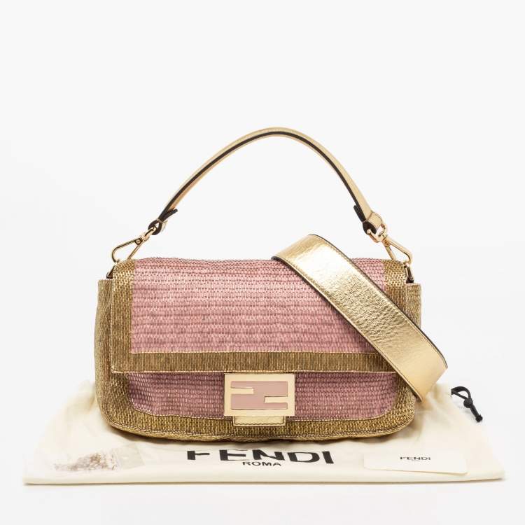 Pre Owned Fendi Pink/Gold Sequins Flap Baguette Bag