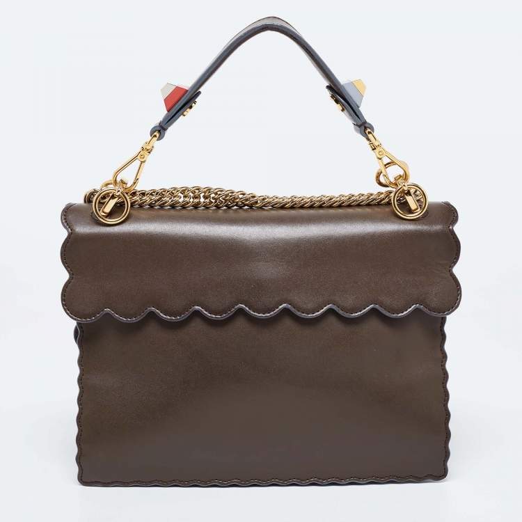 Pre Owned Fendi Brown/Blue Scalloped Leather Medium Kan I Shoulder Bag