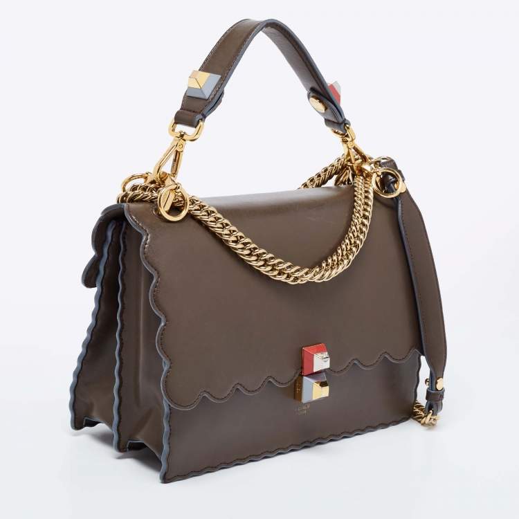 Pre Owned Fendi Brown/Blue Scalloped Leather Medium Kan I Shoulder Bag