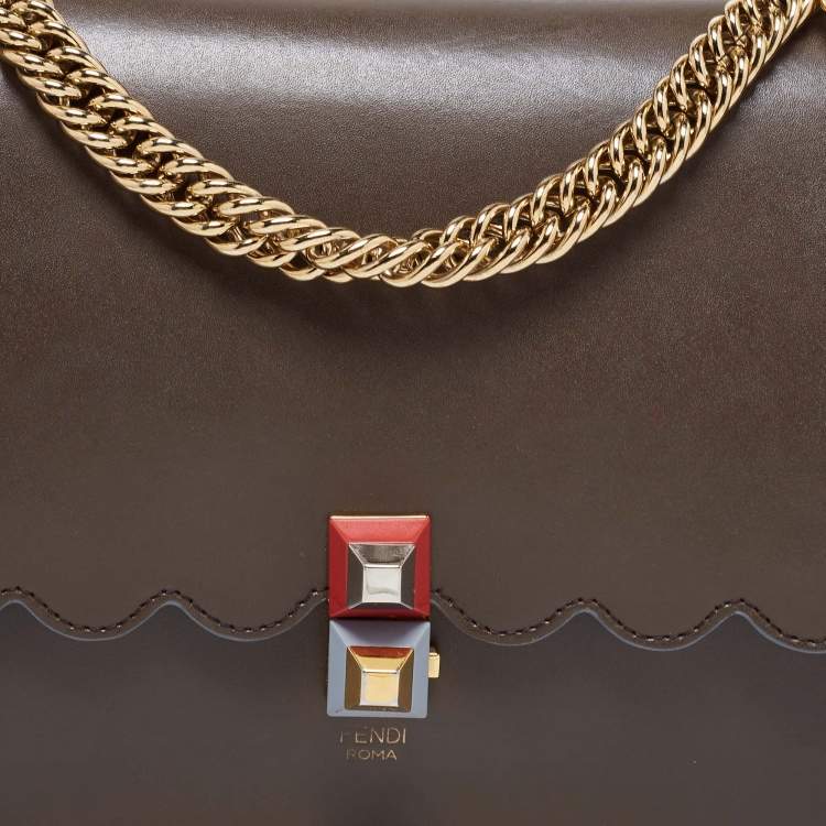 Pre Owned Fendi Brown/Blue Scalloped Leather Medium Kan I Shoulder Bag