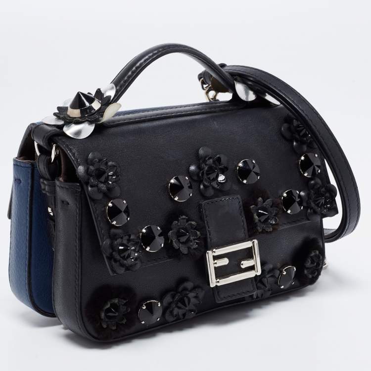 Pre Owned Fendi Blue/Black Flowerland Leather Double Micro Baguette Bag