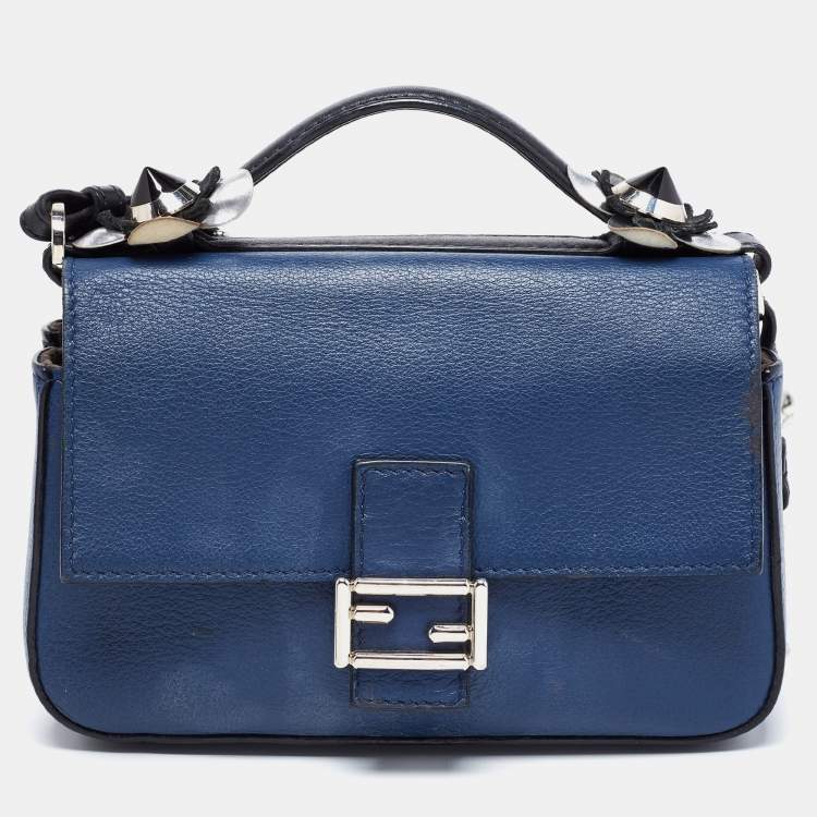Pre Owned Fendi Blue/Black Flowerland Leather Double Micro Baguette Bag