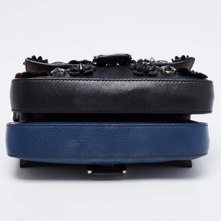 Pre Owned Fendi Blue/Black Flowerland Leather Double Micro Baguette Bag