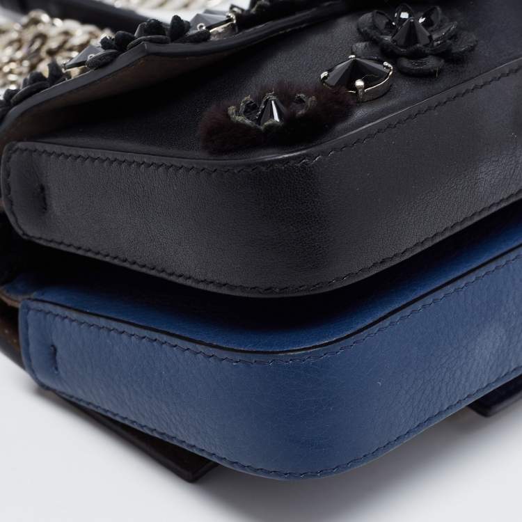 Pre Owned Fendi Blue/Black Flowerland Leather Double Micro Baguette Bag