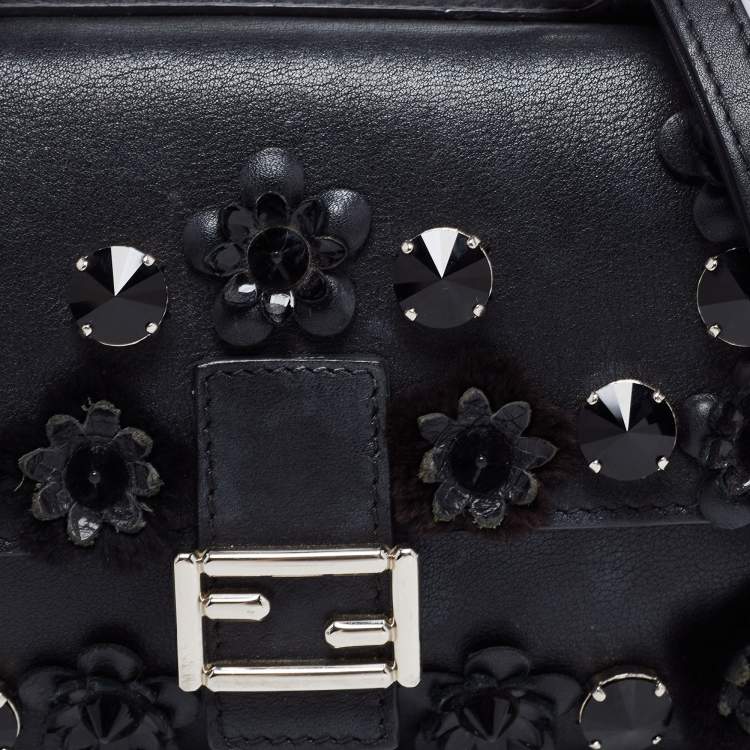 Pre Owned Fendi Blue/Black Flowerland Leather Double Micro Baguette Bag