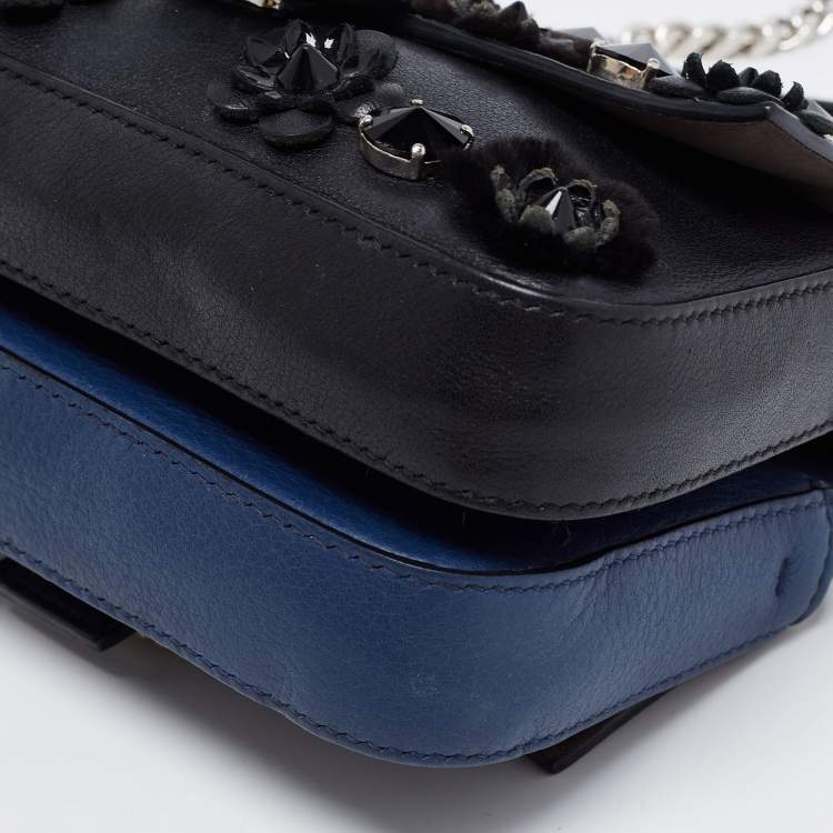 Pre Owned Fendi Blue/Black Flowerland Leather Double Micro Baguette Bag