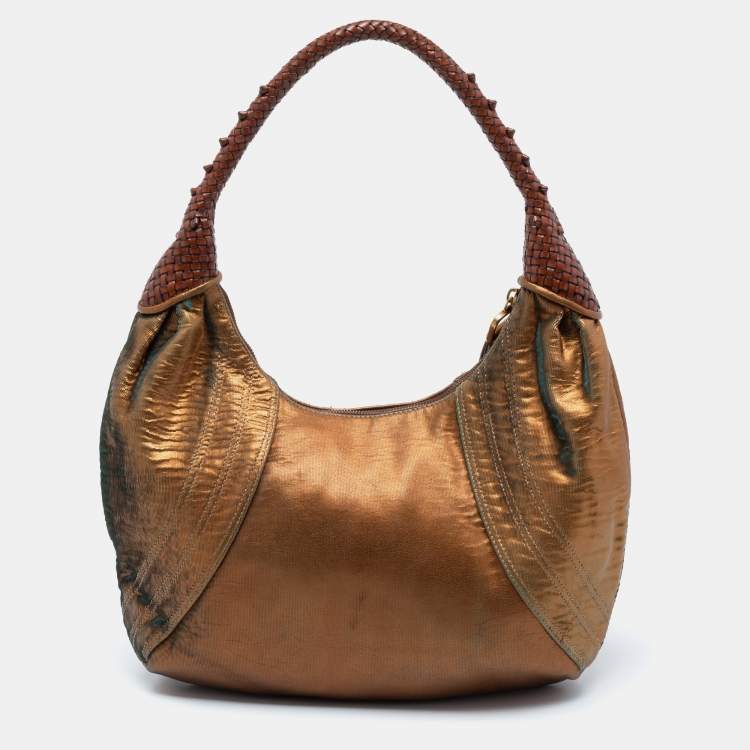Pre Owned Fendi Metallic Bronze Holographic Fortuny Leather Spy Hobo