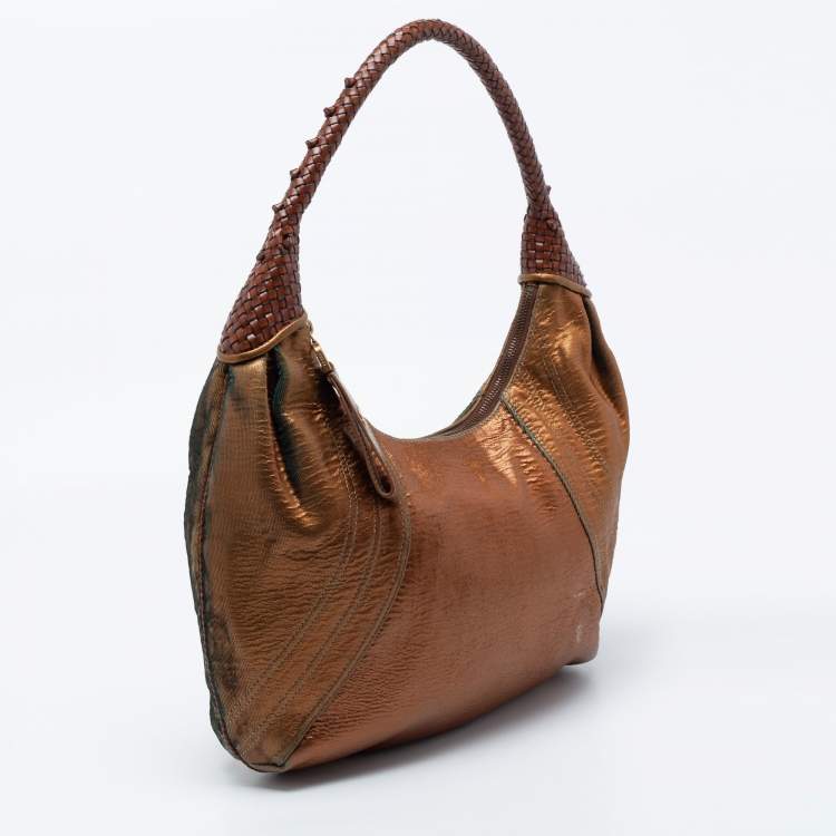 Pre Owned Fendi Metallic Bronze Holographic Fortuny Leather Spy Hobo