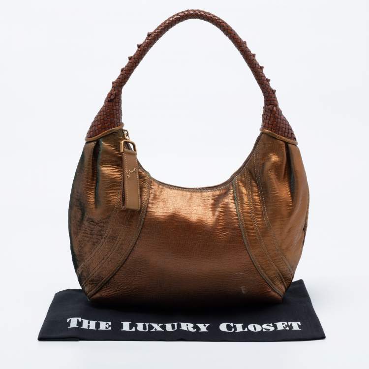 Pre Owned Fendi Metallic Bronze Holographic Fortuny Leather Spy Hobo