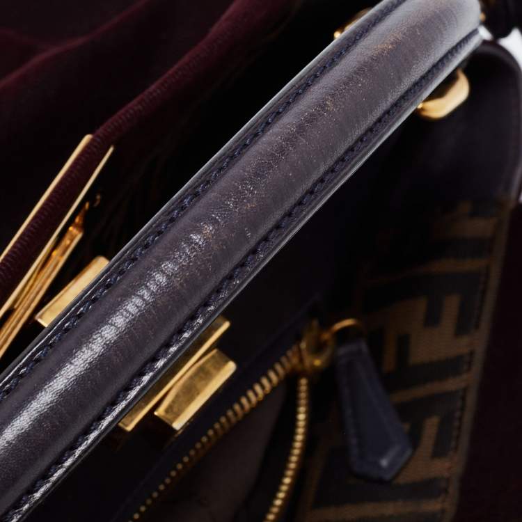 Pre Owned Fendi Burgundy/Black Fabric And Leather Large Peekaboo Top Handle Bag