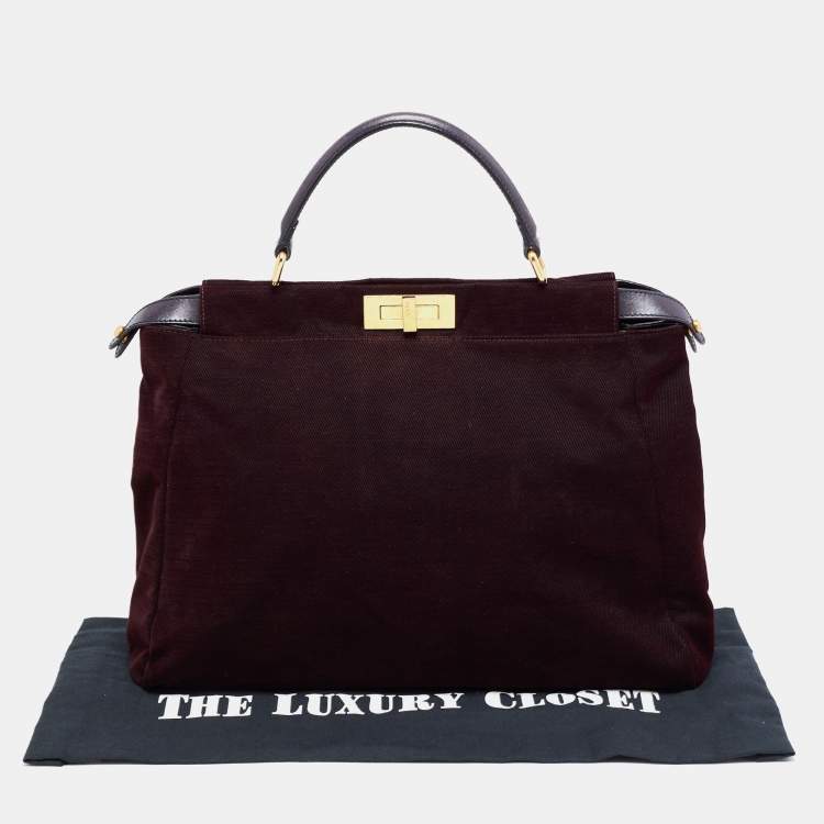 Pre Owned Fendi Burgundy/Black Fabric And Leather Large Peekaboo Top Handle Bag