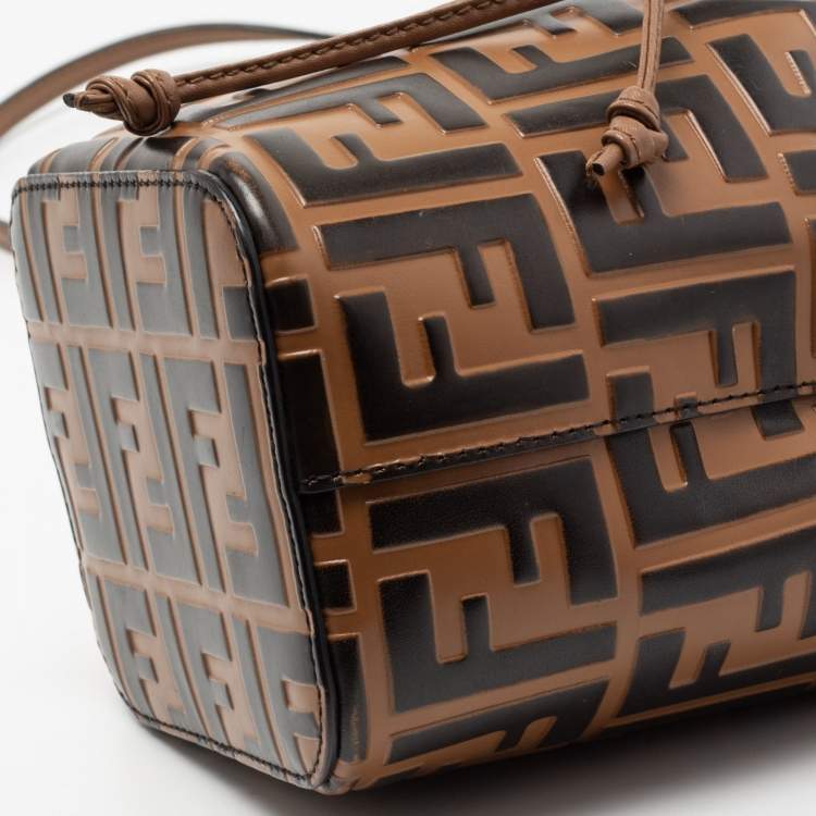 Pre Owned Fendi Brown FF Embossed Leather Mini Mon Tresor Bucket Bag