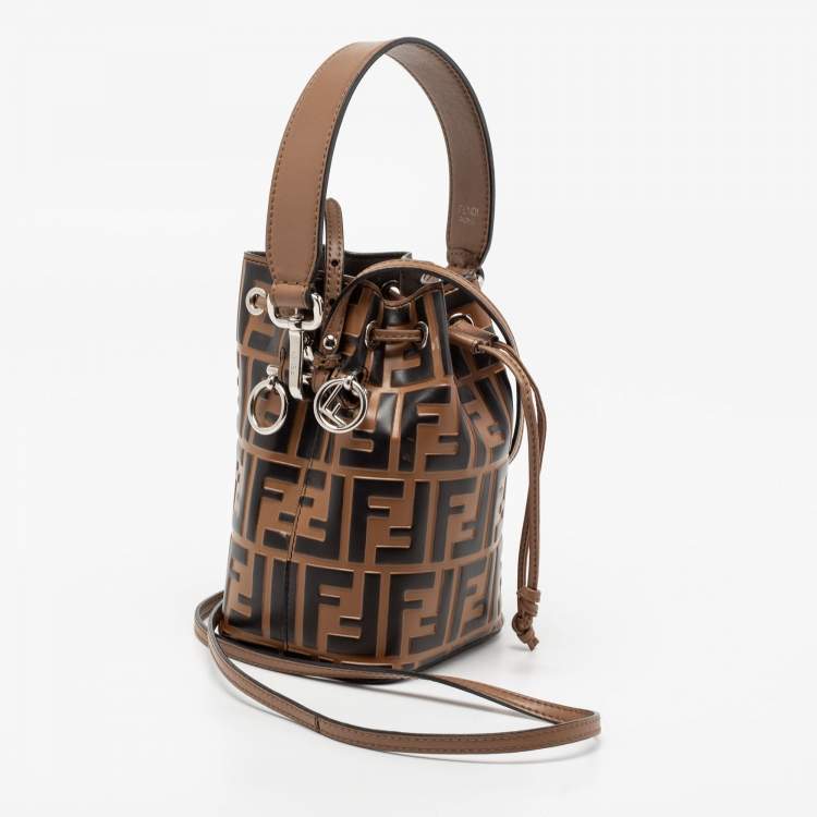 Pre Owned Fendi Brown FF Embossed Leather Mini Mon Tresor Bucket Bag