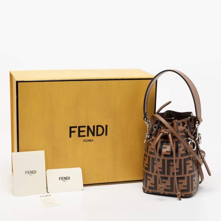 Pre Owned Fendi Brown FF Embossed Leather Mini Mon Tresor Bucket Bag