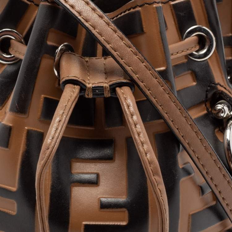 Pre Owned Fendi Brown FF Embossed Leather Mini Mon Tresor Bucket Bag