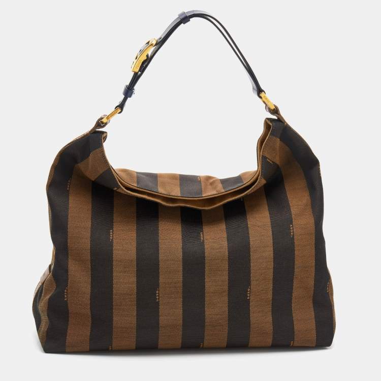 Pre Owned Fendi Brown/Navy Blue Pequin Stripe Canvas And Leather Hobo
