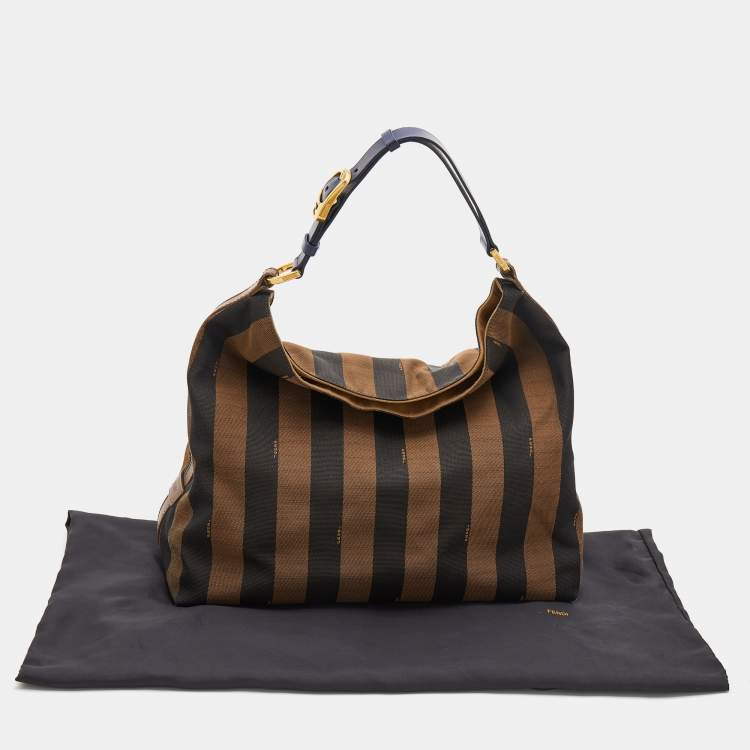 Pre Owned Fendi Brown/Navy Blue Pequin Stripe Canvas And Leather Hobo