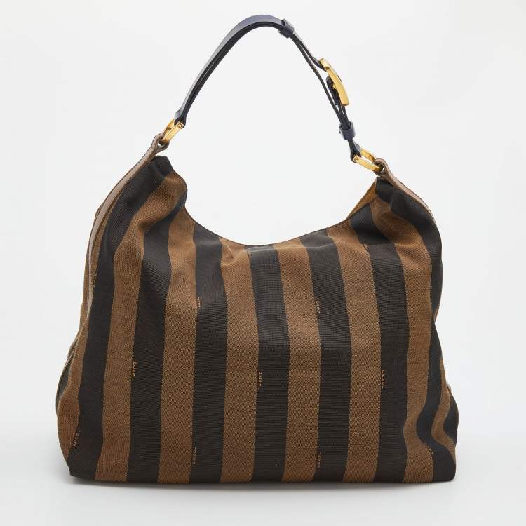 Pre Owned Fendi Brown/Navy Blue Pequin Stripe Canvas And Leather Hobo