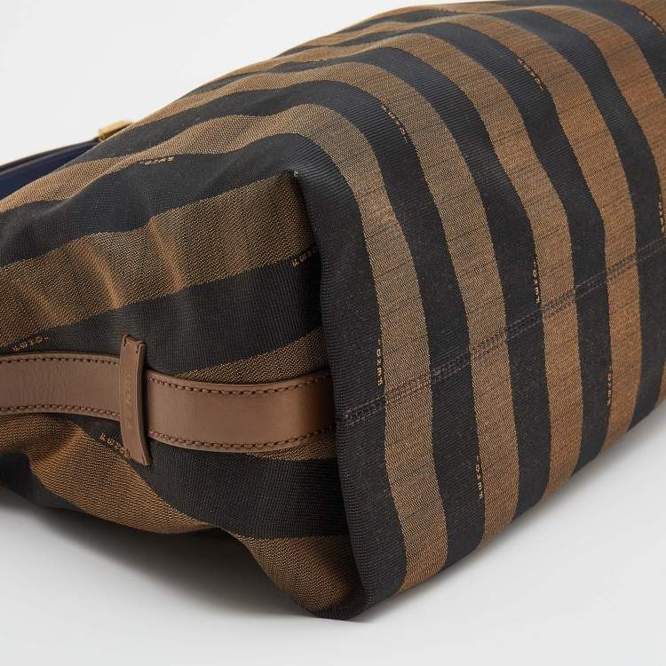 Pre Owned Fendi Brown/Navy Blue Pequin Stripe Canvas And Leather Hobo
