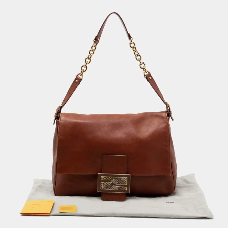 Pre Owned Fendi Brown Leather and Watersnake Detail Large Mama Forever Shoulder Bag
