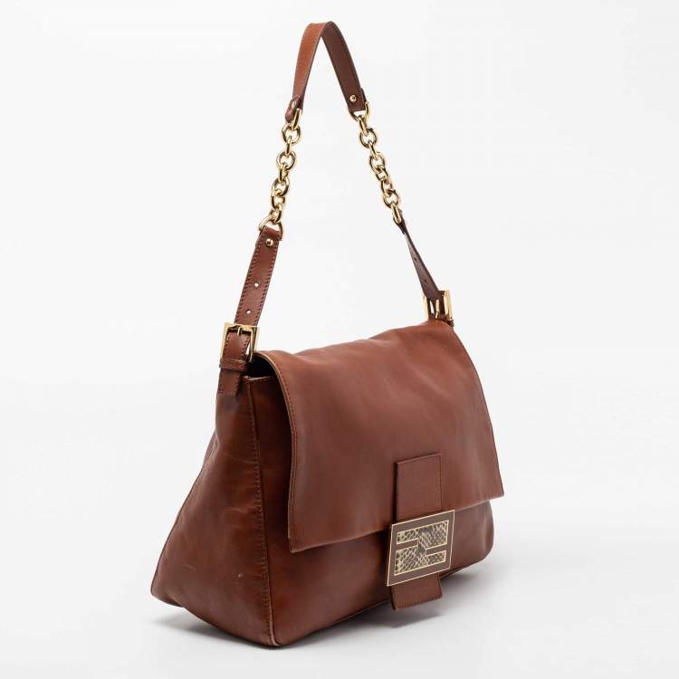 Pre Owned Fendi Brown Leather and Watersnake Detail Large Mama Forever Shoulder Bag