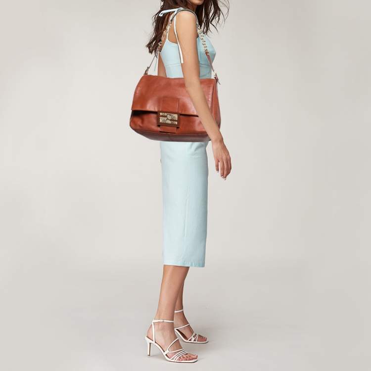 Pre Owned Fendi Brown Leather and Watersnake Detail Large Mama Forever Shoulder Bag
