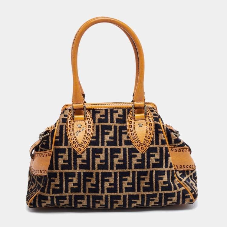 Pre Owned Fendi Tobacco/Orange Zucca Velvet and Leather Small Chef De Jour Bag