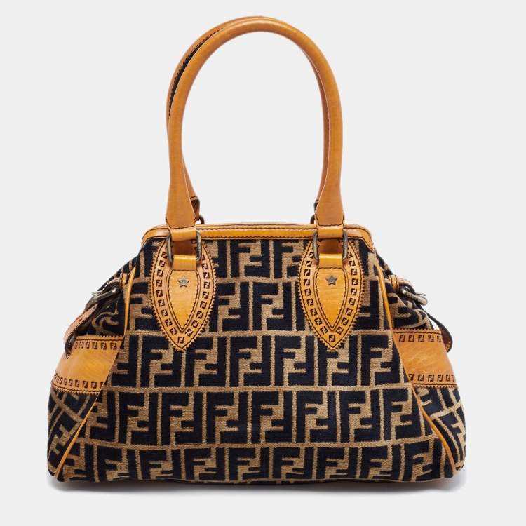 Pre Owned Fendi Tobacco/Orange Zucca Velvet and Leather Small Chef De Jour Bag
