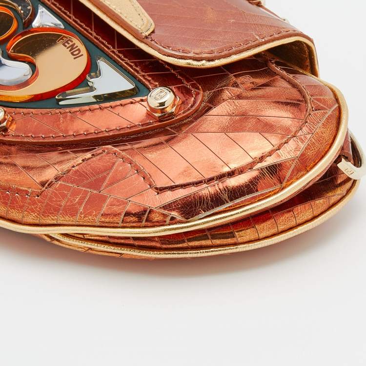 Pre Owned Fendi Bronze/Gold Leather Vanity Mirror Clutch
