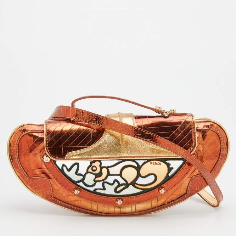 Pre Owned Fendi Bronze/Gold Leather Vanity Mirror Clutch