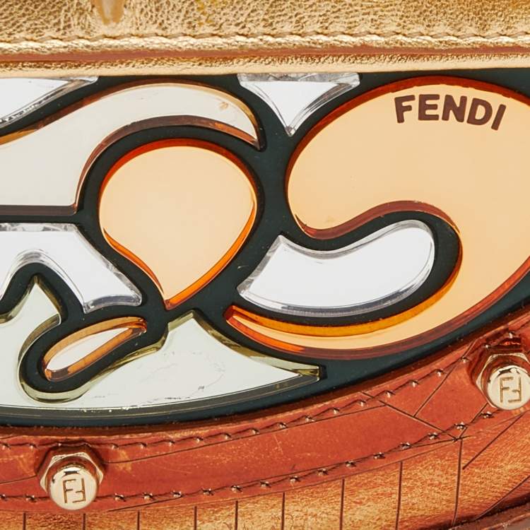 Pre Owned Fendi Bronze/Gold Leather Vanity Mirror Clutch